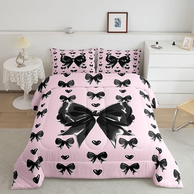 Feelyou Cute Pink Bow Comforter Set All Season Girly Bow Bedding Set with 2 Pillow Cases Love Hearts Bowknot Microfiber Kids King Bedclothes Bedroom Decor Duvet Quilt Breathable Soft Lightweight