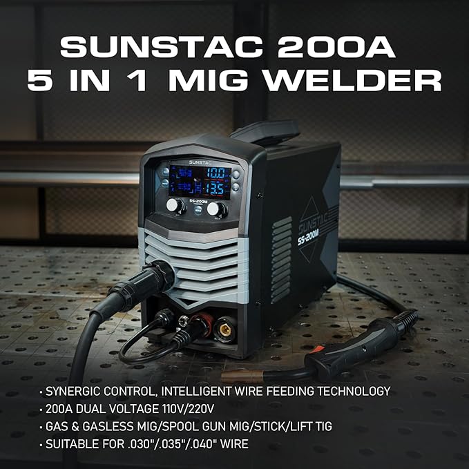 Sunstac MIG Welder, 200A Duo Voltage 5 in 1 Aluminum MIG Welding Machine, MIG/Flux Core/Spool Gun/Lift TIG/Stick, IGBT Inverter Welder Synergic Control, Digital Display (NEW VERSION)