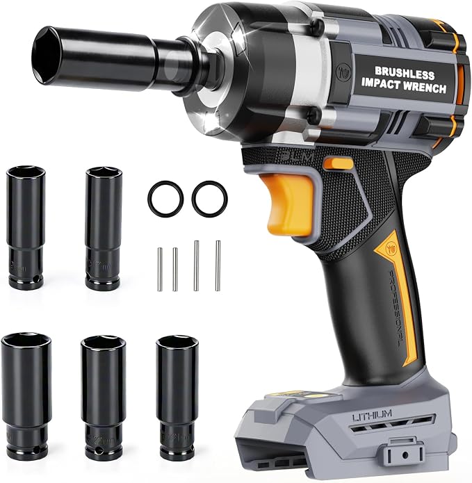 Cordless Impact Wrench 1/2 Inch Compatible with DeWalt 20V MAX Battery | Brushless Motor, High Torque, 1016 N.M(750 Ft-lbs), Variable-Speed & Auto-Stop, Lightweight, 5 Sockets, LED Light (Tool Only)