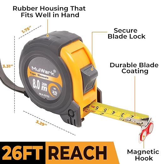 MulWark 25ft Metric Tape Measure, Easy Read Measuring Tape Retractable with Fractions 1/8, Both-Side Metal Blade, Magnetic Hook & Shockproof Case for Construction, Carpenter, Architect, Woodworking