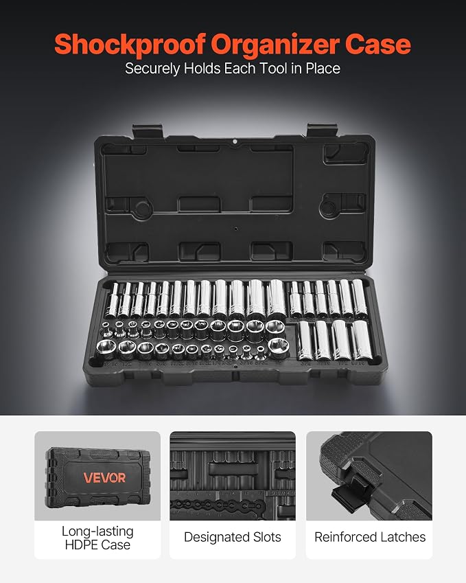 VEVOR Socket Set, 46 Pieces, 1/4 inch Drive Socket Tool Set, SAE and Metric Size, Deep and Standard, Mechanic Tool Kit with Storage Case, Chrome Plated CR-V Alloy Steel, for Automotive Repair | CR-V, SAE and Metric Size, Deep and Standard, Mechanic Too...