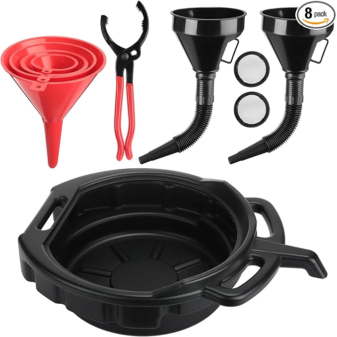 8 Pcs Automotive Oil Funnel Set Include 4 Wide Mouth Flexible Funnel with Handle 2 Plastic Large Funnels Adjustable Oil Filter Wrenches Drain Pan for Cars and Motorcycles