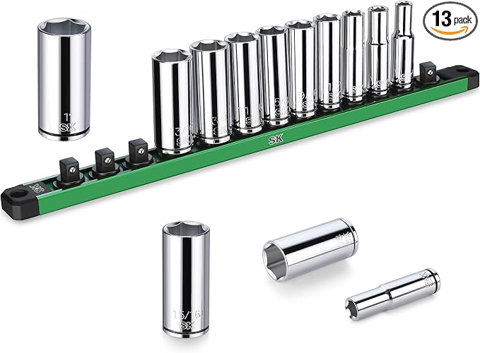 SK 3/8" Drive Socket Set, Deep SAE Sockets, 13-Piece 1/4" to 1" | SuperKrome Finish, Premium CR-V Steel, with Aluminum Socket Organizer