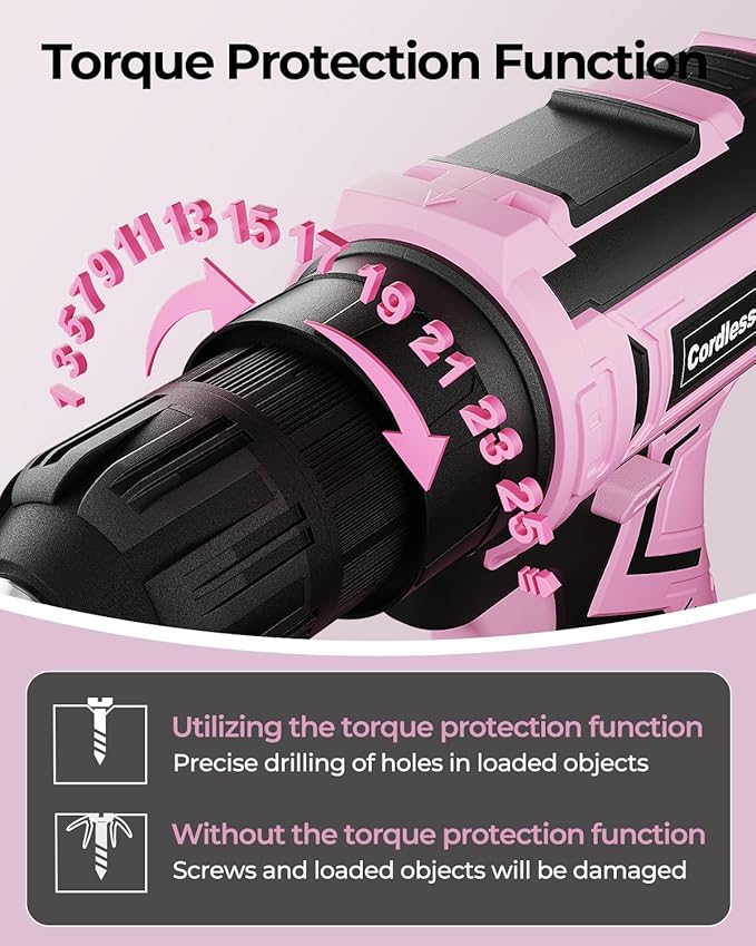 Pink Cordless Drill Set, VIWKO 20V Electric Power Drill for Women, Lightweight Electric Screwdriver Driver with Power Pack & Charger, 3/8" Keyless Chuck, Womens Tool Kit for House