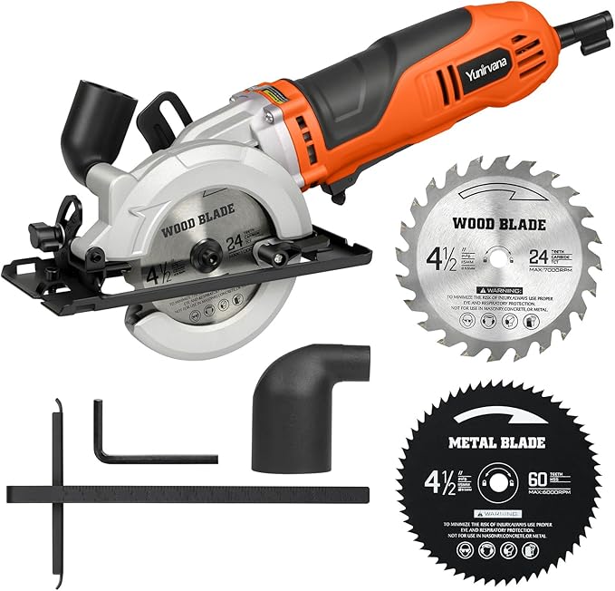 Yunirvana 710W Corded Mini Circular Saw, 5200RPM Electric Circular Saw, Parallel Guide, Compact Saw with 2Pcs Blades(24T Wood Blade and 60T Metal Blade), for Wood, Metal, Plastic, Home Renovation