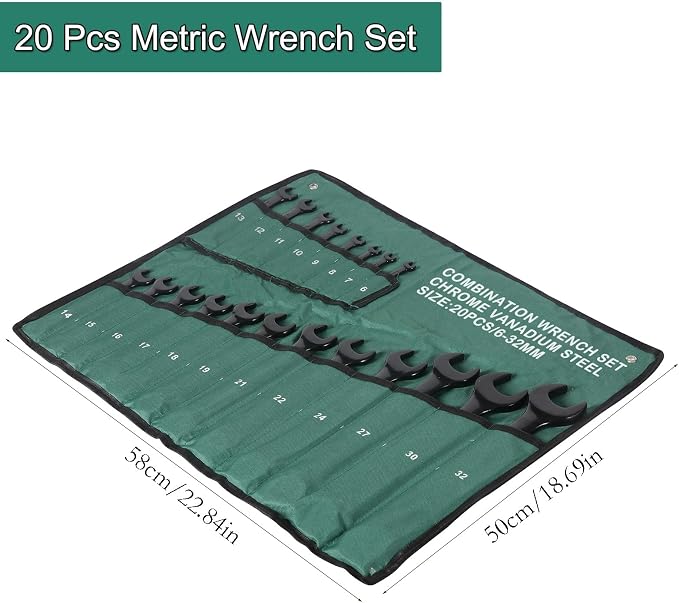 20-Piece Metric Combination Wrench Set in Roll-up Pouch, Metric 6-32mm, Spanner Wrench Set | 12 Point | Chrome Vanadium Steel | Fully Polished (Black)