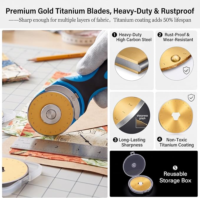 ElaraBerry Titanium Coated 100 Pack 45mm Rotary Cutter Blades Replacement Patchwork Tool for Fabric Paper Craft Quilting Scrapbooking Sewing