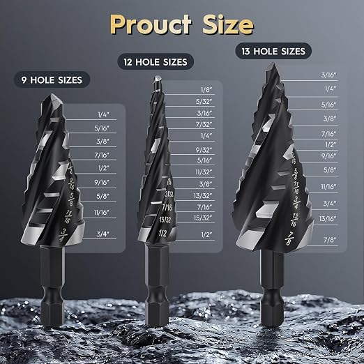 3PCS Titanium Step Drill Bit - Four Spiral Flute HSS Step Bit, Sizes from 1/8" to 7/8" with 1/4" Hex Shank, Steps Bits for Metal, Aluminum, Wood & Plastic, for Electricians & DIY