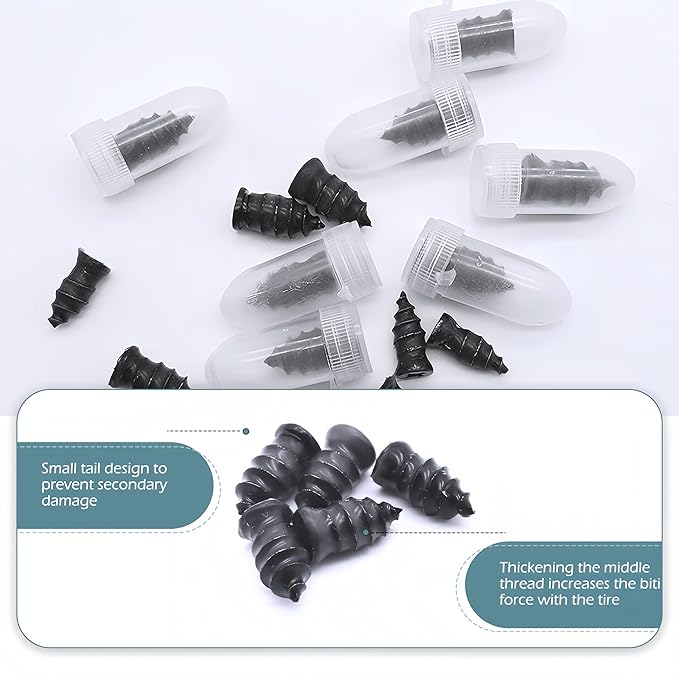 60 PCS Tire Repair Rubber Nail, Vacuum Tire Repair Kits Spiral Rubber Screws, Fast Self-Service Tool for Car, Truck, Motorcycle, Tractor Tire Puncture Repair (Black)