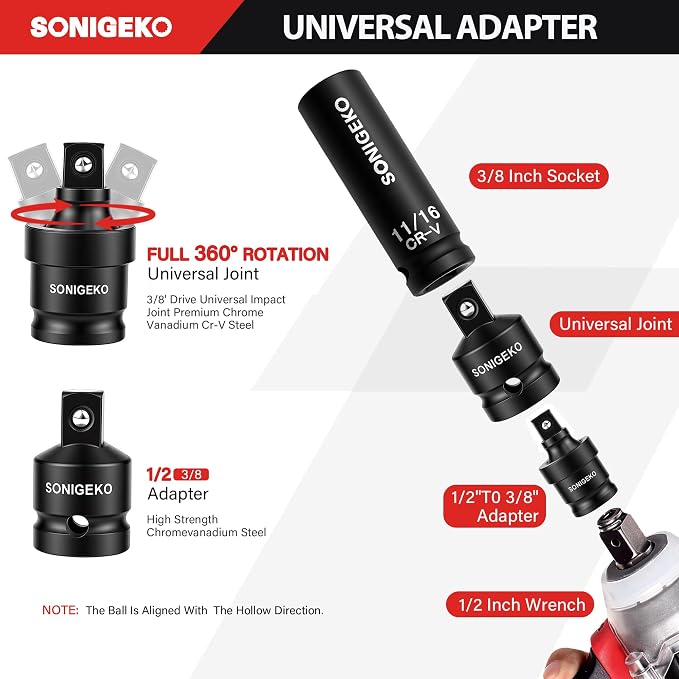 48-Piece 3/8" Drive Impact Socket Set CR-V Steel | SAE (5/16 to 3/4 inch) and Metric (8-22mm) Size, 3" and 6" Drive Extension Bar, Universal Joint, 3/8" to 1/2" Impact Adaptor