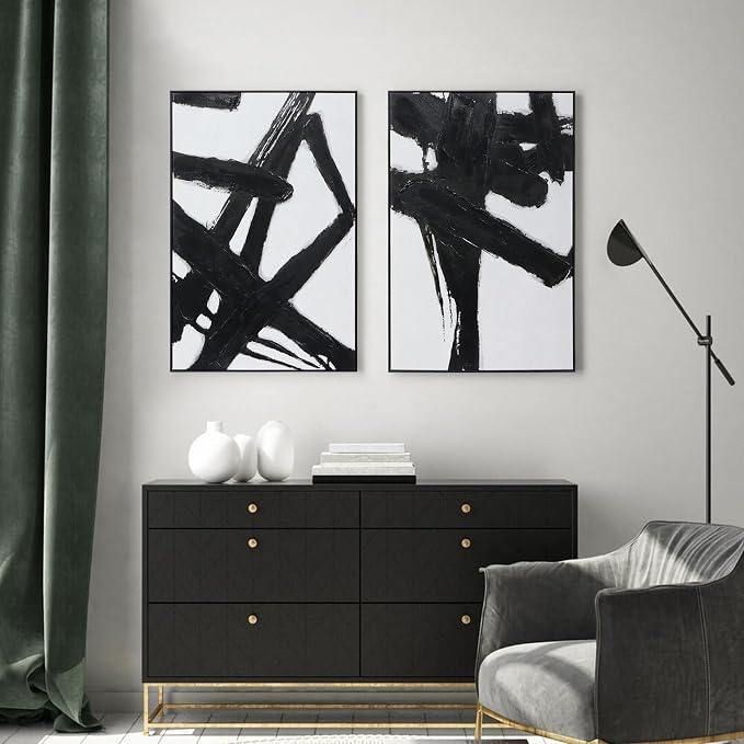 Black and White Abstract Canvas Wall-Art - 2 Piece 24" x 36" Black Canvas Artwork Decor for Living Room, Bedroom, Office Decor, Framed Ready to Hang