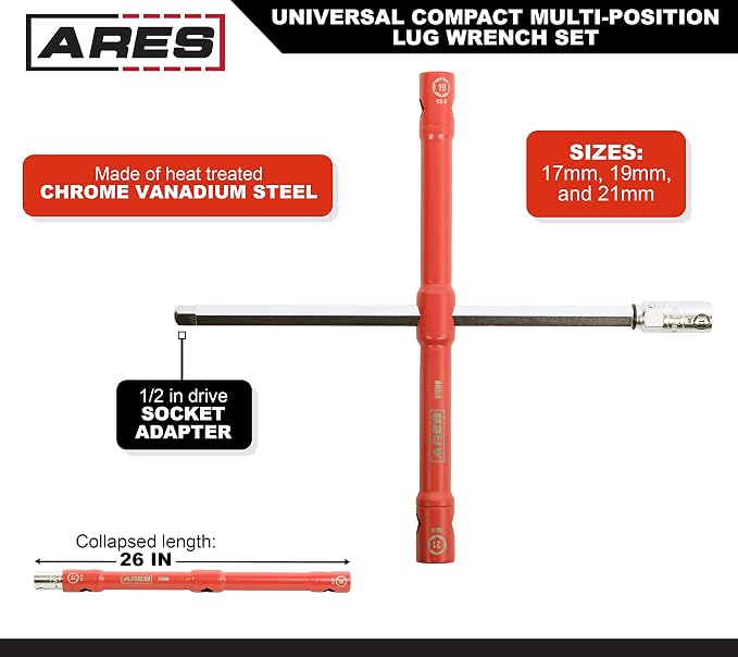 ARES 57000 Universal Lug Wrench Set, 17/19/21mm Sockets, 26-In | 26-Inch length; unique 1/2-Inch drive socket adapter end; compact design with storage pouch.