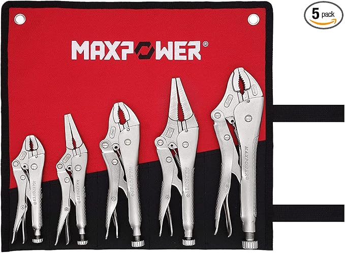 MAXPOWER 5-Piece Locking Pliers Set, Long Nose Pliers 9 Inch and 6 Inch, Curved Jaw Locking Plier 10 Inch 7 Inch and 5-Inch (Kitbag Included)