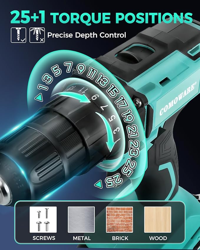COMOWARE 20V Cordless Drill, Electric Power Drill Set with 1 Battery & Charger, 3/8" Keyless Chuck, 2 Variable Speed, 266 In-lb Torque, 25+1 Position and 34pcs Power/Driver Bits