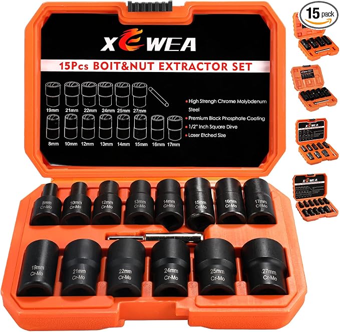 XEWEA 15PCS 1/2" Drive Lug Nut Extractor Set, Wheel Lock Removal Kit | Imapact Twist Socket Extractor Set, Cr-Mo Lug Nut Removal Tool for Removing Damaged, Frozen, Rusted, Rounded-Off Bolts, Nuts