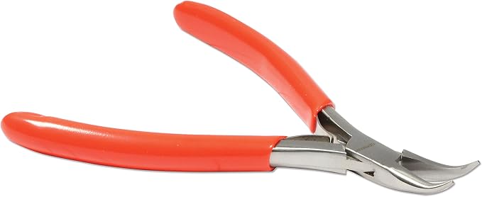 The Beadsmith Platinum Series German Bent Chain Nose Pliers, 4.75 inches (120mm) with polished steel head, red PVC comfort grip handle and double-leaf spring, tool for jewelry making