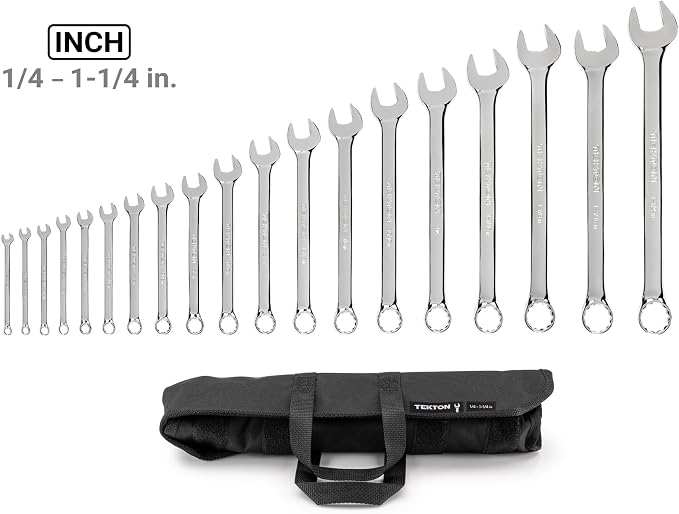 TEKTON Combination Wrench Set, 19-Piece | WCB94103 | (1/4 - 1-1/4 in.), Wrench Roll, Chrome Finish