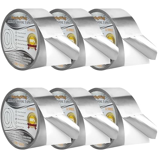 6Rolls Aluminum Foil Tapes, HVAC Duct Tape Heavy Duty, Silver Metal Adhesive Insulation Tape (3.9mil, 2"x65 Feet) High Temperature for Pipe Ductwork, Sealing Patching Heat Cold Air Ducts, Dryer Vents
