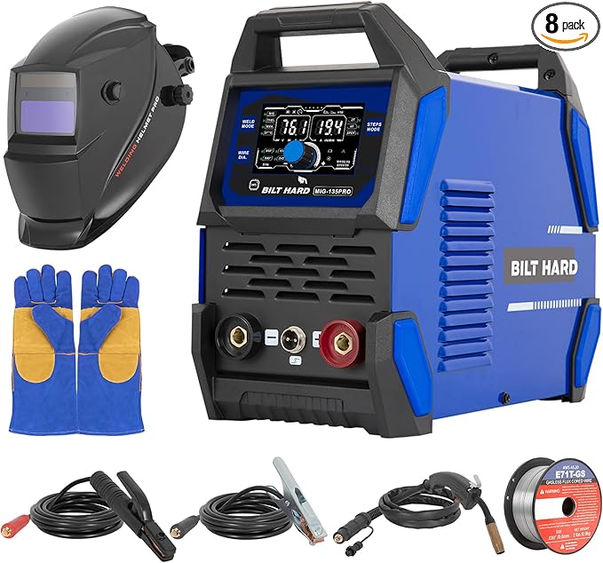 BILT HARD 135A 3-in-1 IGBT Inverter Welder, 110V Flux Core MIG/Lift TIG/Stick Welding Machine with Synergic Control, LED Display, 2T/4T/SPOT Modes & Full Kit (Solar Helmet, Gloves)