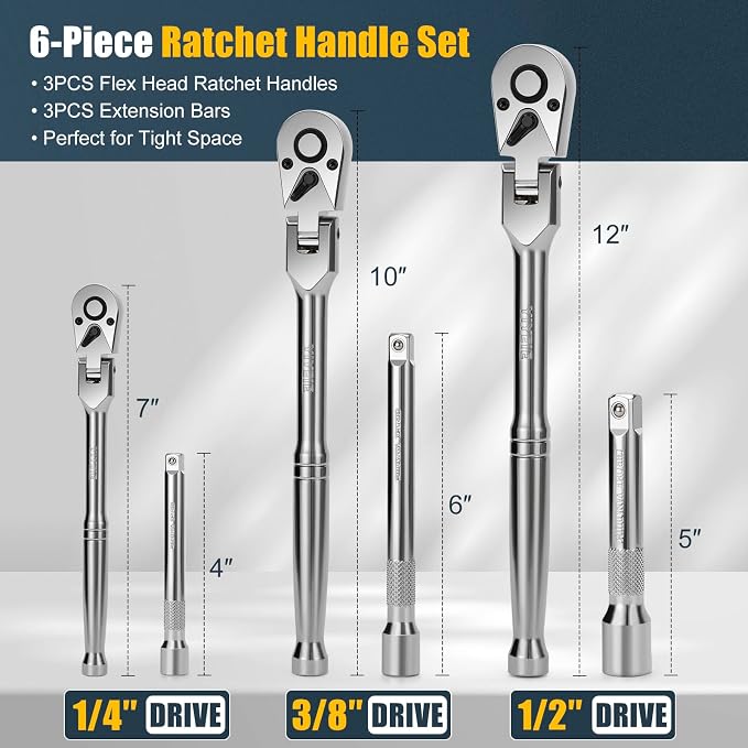 YIYEIE 6-Piece Flex Head Ratchet Set, 1/4", 3/8", 1/2" Drive, Swivel Head Ratchet Wrench with Extension Bar, 72 Tooth, 180° Adjustable, Quick-Release, Flexible Ratchet Handle with EVA Foam