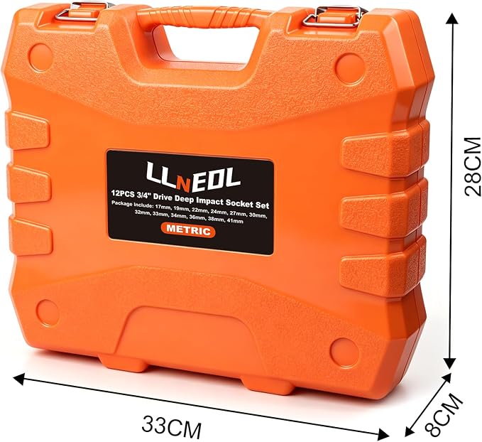 LLNEDL 3/4 Inch Drive Socket Set, 12Pcs Impact Deep/Jumbo Sockets, Metric 17mm to 41mm, 6-Point CR-MO Heavy-Duty Big Socket Set for Large Vehicle & Equipment Maintenance