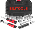 BILITOOLS 29PCS 1/4" Pass Through Socket Set with Spline Sockets & Bits | Small Pass Thru Go Through Ratchet Mechanics Tools Set for Tight Spaces, Low Profile 72-Tooth Wrench