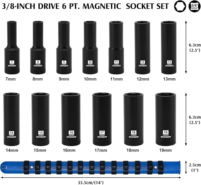 MIXPOWER 3/8" Drive Deep Magnetic Impact Socket Set with Storage Rails, 13-Piece, 6 Point, 7-19mm, Metric, CR-MO
