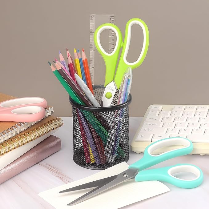 Scissors All Purpose Bulk Set of 3, Scissors for Office Home School Craft Supplies, Soft Comfort-Grip Right/Left Hand, Viridian, Vivid Green, Pink