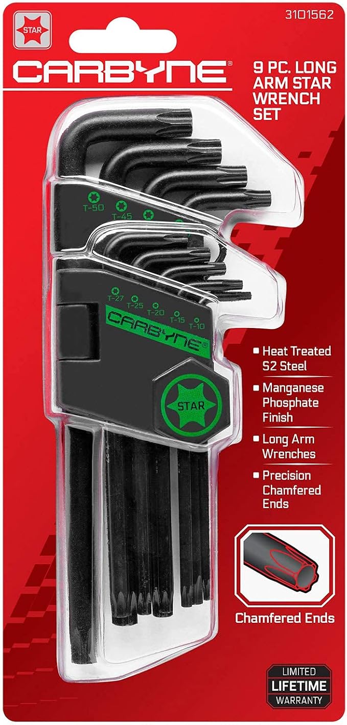 Carbyne 9-Piece Long Arm Torx Wrench Set (Star Key Set), T10 to T50 Sizes, Heat Treated S2 Steel, Manganese Phosphate Finish