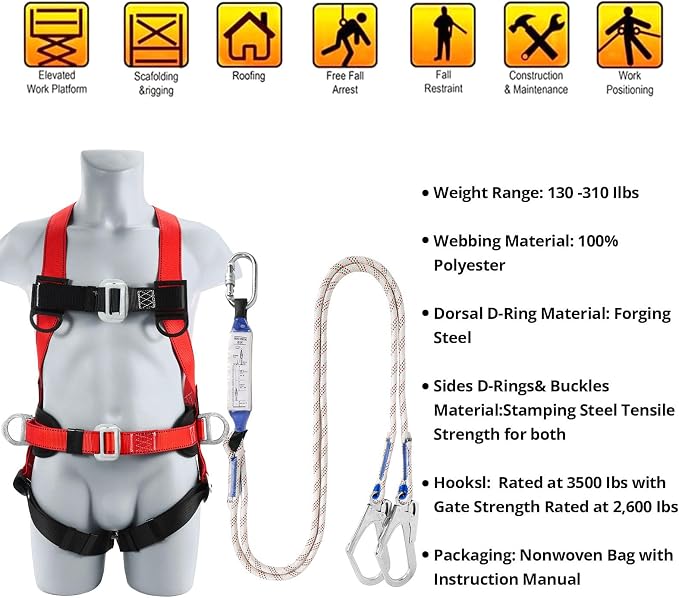 TT TRSMIMA Safety Harness Fall Protection Kit: Roofing Harness for Work | Men Construction Climbing Fall Arrest Safety Harnesses with Shock Absorbing Lanyard Rebar Hook Waist Pad