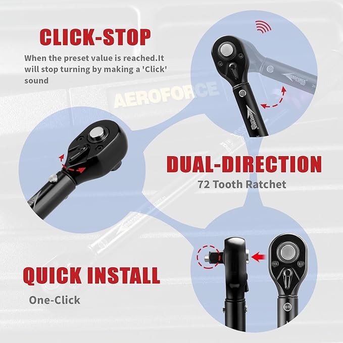 AEROFORCE 3/8-Inch Drive Torque Wrench（5-45 lb.ft / 6.8-61.2 Nm),72 Tooth Dual Direction Reversible Ratchet, Dual Range Scales, Precision Calibrated for Bike, Motorcycle and Car Repair