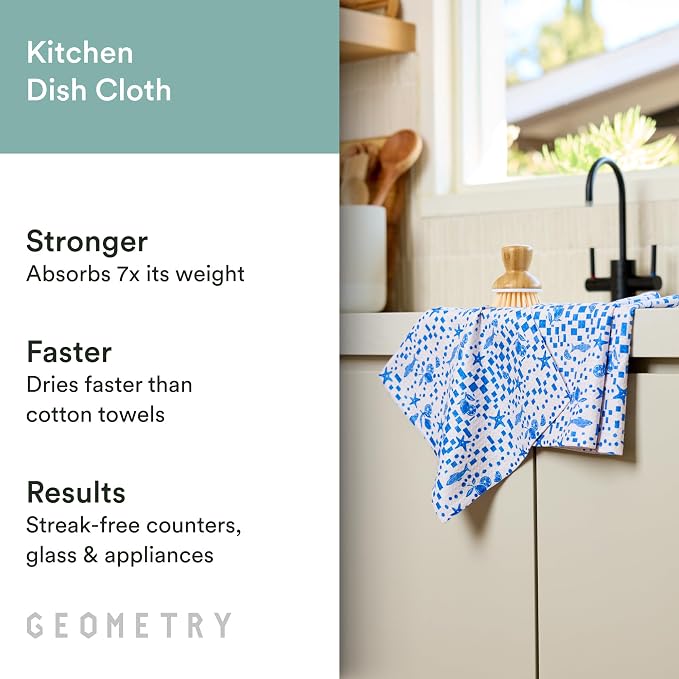 GEOMETRY Dishcloth – Spring & Summer Collection – Quick-Dry, Ultra-Absorbent, Reusable Microfiber Kitchen Towels for Drying & Cleaning - Santorini Tile - 3-Pieces
