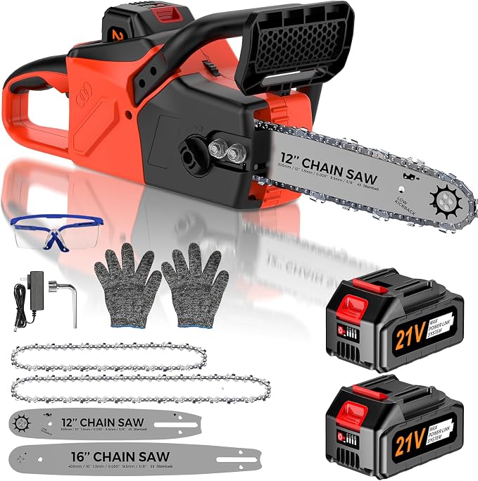 12" & 16" Electric Chainsaw Cordless, 21V Battery & Fast Charger,Brushless Chain Saw Kit with Safety Goggles and Gloves，Auto Oiling for Tree Pruning and Wood CuttingBranch