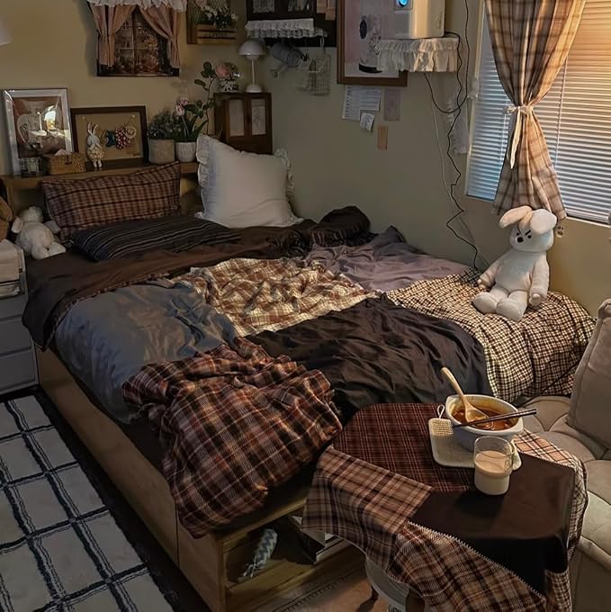 Sedefen Brown Gingham Duvet Cover 3 Pcs Queen Size Dark Brown Plaid Bedding Set Kids Boys Girls Coffee Vintage Checked Soft Microfiber Breathable Duvet Cover Set with 2 Pillowcases