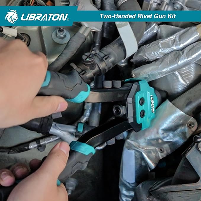 LIBRATON Pop Rivet Gun Kit, Two-Handed Rivet Gun, Heavy Duty Rivet Gun Kit, Pop Rivet Tool with 250 Aluminum Rivets in Box, 5 Tool-Free Interchangeable Nozzles, 5 HSS Drill Bits, for Automotive, Metal