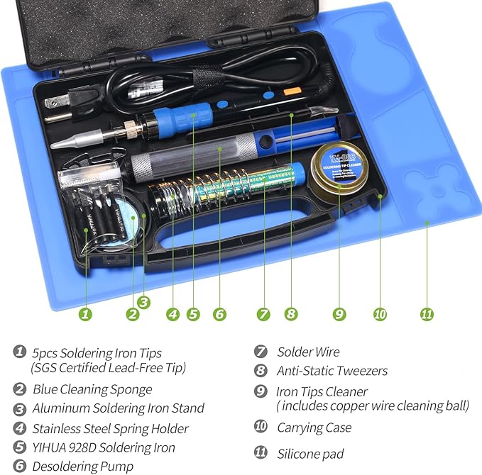 YIHUA 928D Soldering Iron Kit, 65W Soldering Iron, Fully Digital, Display °F/°C, Temperature Control, Accuracy 194~896℉- Soldering Kit with Sleep Function, Temp. Correction Function, Holder &more.