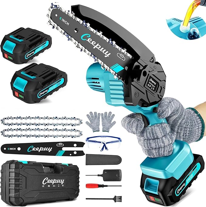 CEEPUY Mini Chainsaw Cordless,6 Inch Portable Electric Chain Saw, Automatic Oiler, Battery Powered Small Handheld Saw, Security Lock Trees Branches Trimming,Wood Cutting, 2 Batteries 2 Chains 2026