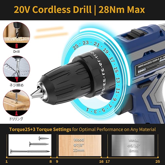 Cordless Drill with Battery and Charger, 20V Cordless Hammer Drill Kit, 30Nm Torque, 3/8" Keyless Chuck, 2-Speed for Home Repair and DIY Projects (1 Battery)