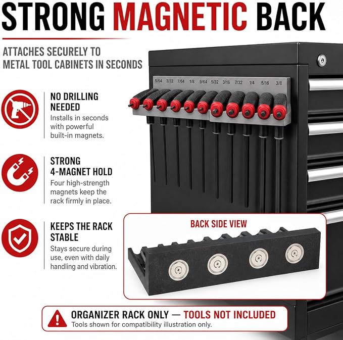 Magnetic T-Handle Hex Key Organizer Rack – Tool Holder for Harbor Freight ICON Style T Handle Wrenches – sae/metric/torx Storage Options (sae)
