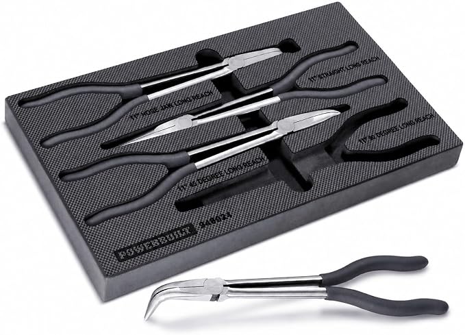 Powerbuilt 4-Piece Pro Tech 11-Inch Long Reach Pliers Set – Long Nose, 45° & 90° Bent Nose, Hose Clamp Pliers, CrMo Steel, Double-Dip Comfort Handles, EVA Tray – 949024