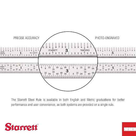 Starrett Full Flexible Steel Rule with Satin Chrome Finish, Quick Reading, and Millimeter Graduation - 30 Graduation, 300mm Length, 0.4mm Thickness - C330-300