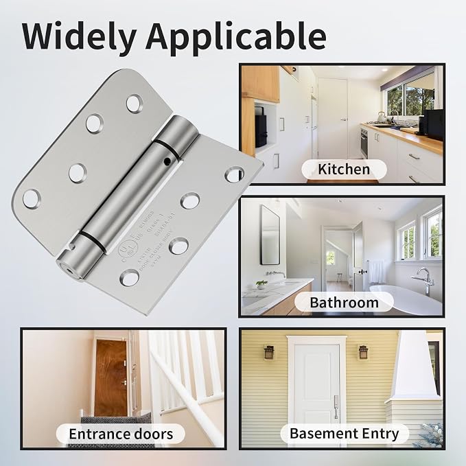 3 Pack Self Closing Door Hinges, 4 Inch Spring Loaded Door Hinges with Square & 5/8'' Radius Corners, Adjustable Tension for Garage, Front, Back Door, UL Listed, Left and Right Hand
