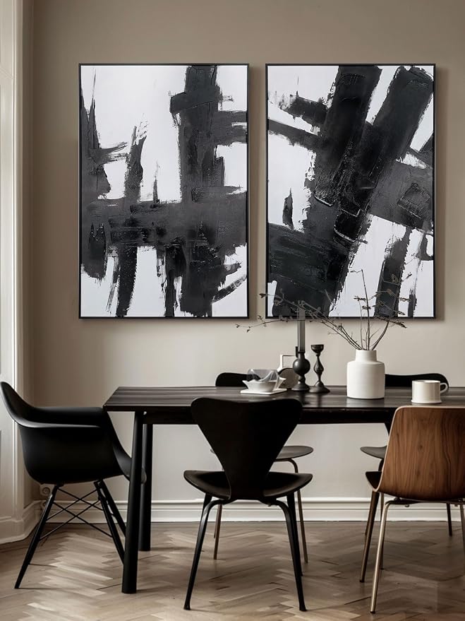 Black and White Abstract Canvas Wall Art - Set of 2 Piece 24 x 36 inch Framed Hand-Textured Geometric Artwork - Perfect for Stylish Living Room or Office Decor