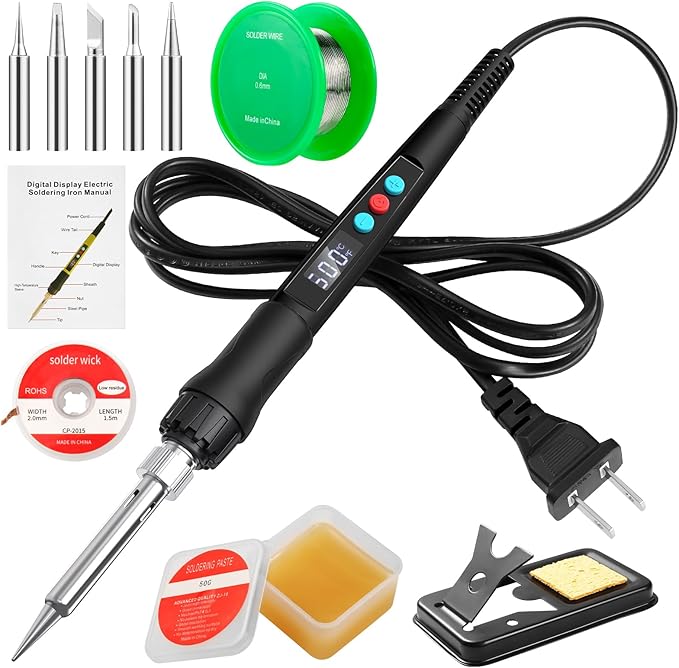 Soldering Iron Kit, 100W LED Digital Solder Gun kits with Ceramic Heater, Adjustable Temperature Welding Tools with Tips, Wick Braid, Stand, Solders Wire, Sponge, Flux Paste, Black