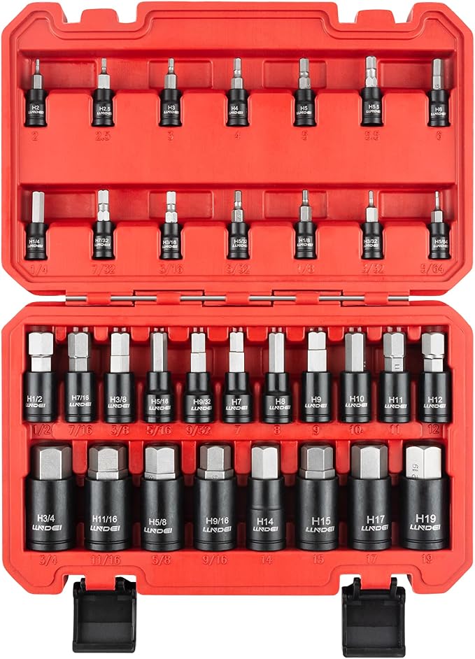 LLNDEI 33Pcs Allen Hex Bit Socket Set SAE/Metric | 5/64-3/4" & 2-19mm, CR-V & S2 Steel, 1/4 3/8 1/2" Drive, Impact Grade, For Automotive & DIY