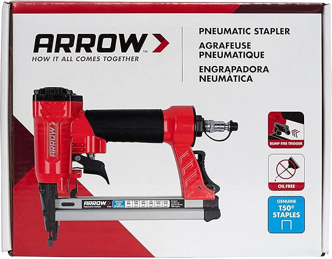 Arrow PT50 Oil-Free Pneumatic Staple Gun, Professional Heavy-Duty Stapler for Wood, Upholstery, Carpet, Wire Fencing, Fits 1/4”, 5/16”, 3/8", 1/2", 9/16” Staples , Red