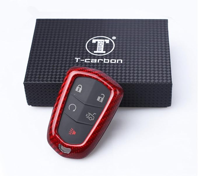 Genuine Carbon Fiber Key Fob Cover for Cadillac ATS Coupe ATS-L ATS-V CT6 CTS CTS-V Escalade ESV SRX XT4 XT5 XT6 XTS Smart Car Remote Key Fob Case for Men Women - for Round Logo Back - Red
