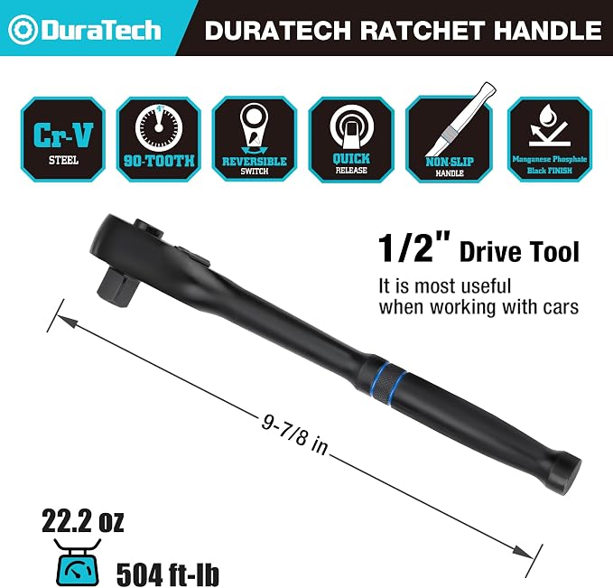 DURATECH 1/2-Inch Drive Ratchet, 90-Tooth Quick-Release Ratchet Wrench | Reversible, Cr-V Made, 4° Swing, Manganese Phosphate Black Finish, Socket Wrench for Men Women Stocking Stuffer for Men Women