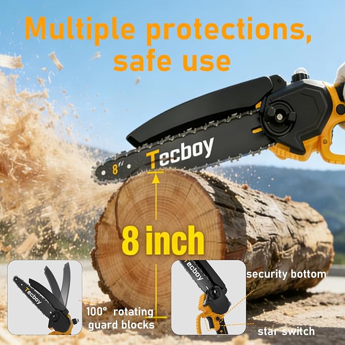 8+6 Inch Mini Chainsaw Cordless Electric Chainsaws Handheld with 2X 2.0Ah Batteries, Battery Powered Chain Saw Small Chain Saws for Tree Trimming, Yard Gardening Tools, Birthday Gifts for Men(YellowA)