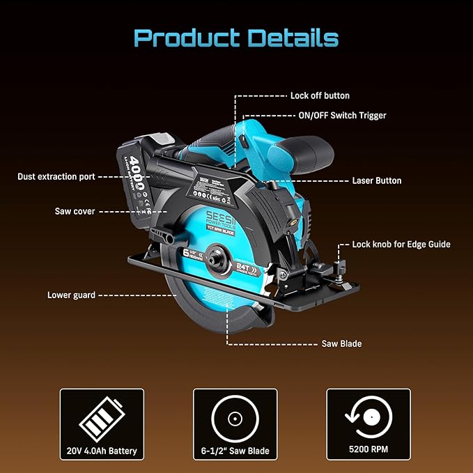 Seesii 6-1/2" Cordless Circular Saw with Laser, 5200 RPM Electric Compact Saw with 2x 4.0Ah Batteries and Charger, Lightweight and Power Design for Wood Cutting, DIY Framing & Home Renovation
